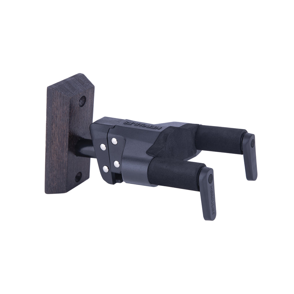 Hercules GSP38WBW PLUS AUTO GRIP UNIVERSAL GUITAR HANGER FOR WALL MOUNTING W/ BROWN WOOD BASE, SHORT ARM