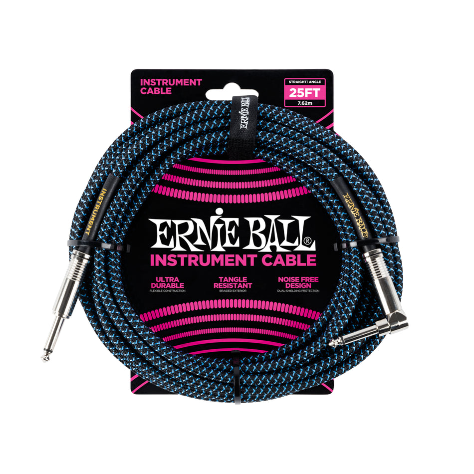 Ernie Ball P06060 25' BRAIDED STRAIGHT / ANGLE INSTRUMENT CABLE - BLACK / BLUE