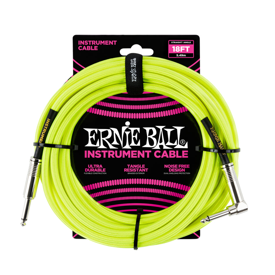 Ernie Ball P06085 18' BRAIDED STRAIGHT / ANGLE INSTRUMENT CABLE NEON - YELLOW