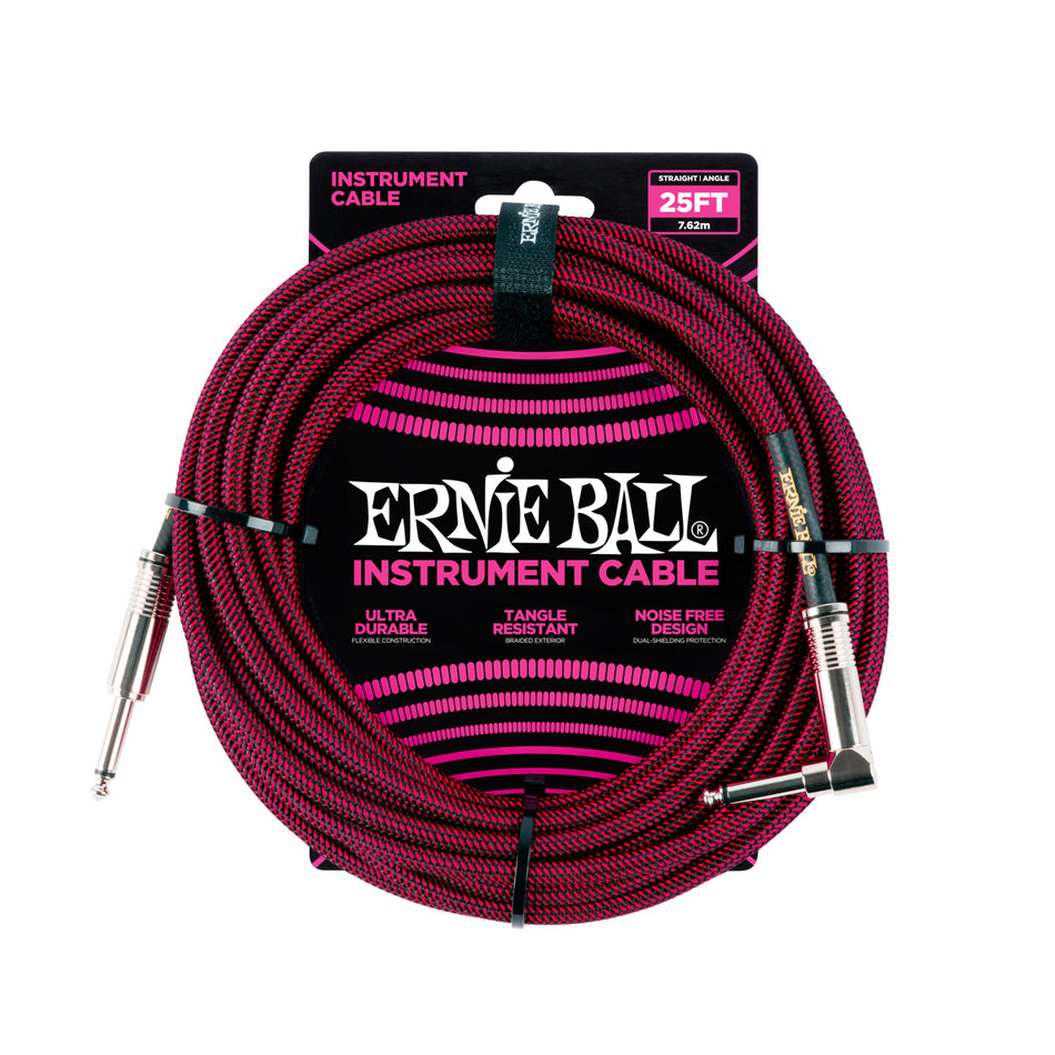 Ernie Ball P06062 25' BRAIDED STRAIGHT / ANGLE INSTRUMENT CABLE - BLACK / RED