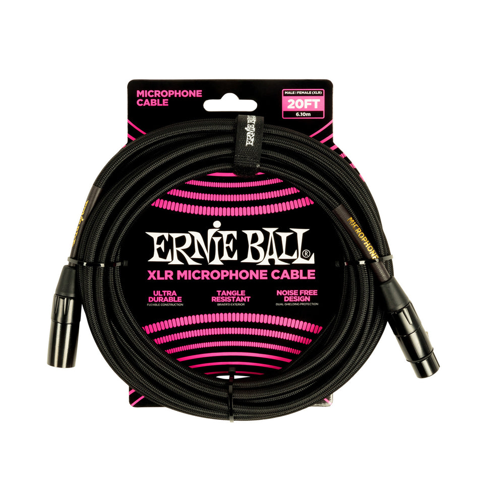 Ernie Ball P06392 20FT BRAIDED MALE FEMALE XLR MICROPHONE CABLE BLACK