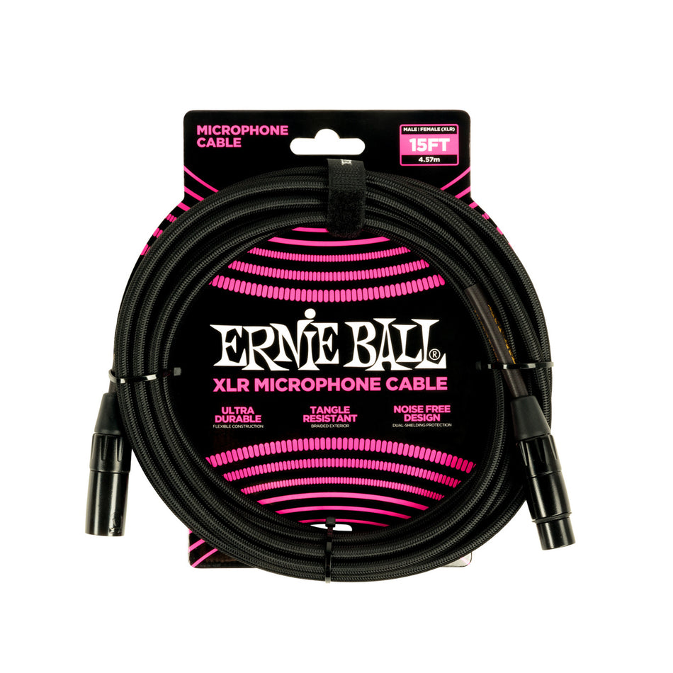 Ernie Ball P06391 15FT BRAIDED MALE FEMALE XLR MICROPHONE CABLE BLACK