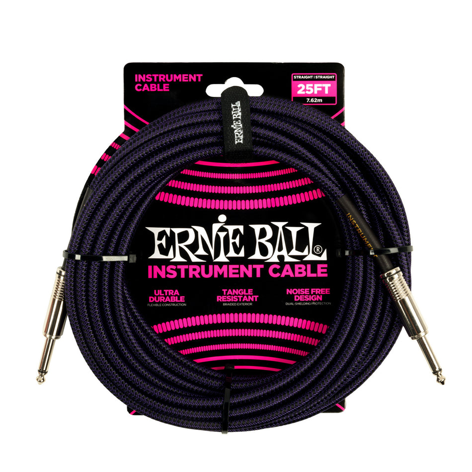 Ernie Ball P06397 ERNIE BALL 25FT BRAIDED STRAIGHT STRAIGHT INST CABLE PURPLE BLACK