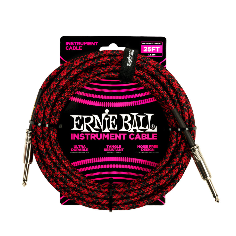 Ernie Ball P06398 ERNIE BALL 25FT BRAIDED STRAIGHT STRAIGHT INST CABLE RED BLACK