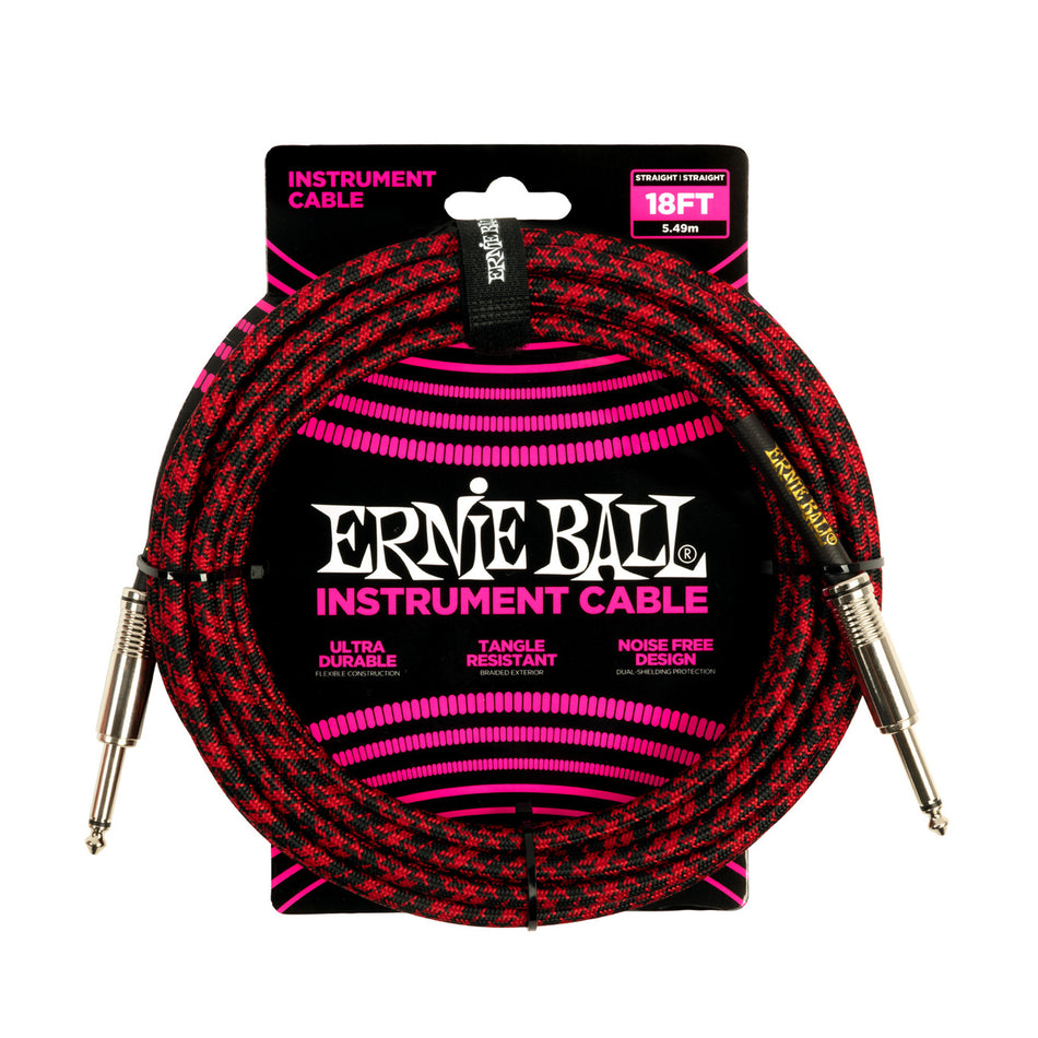 Ernie Ball P06396 ERNIE BALL 18FT BRAIDED STRAIGHT STRAIGHT INST CABLE RED BLACK