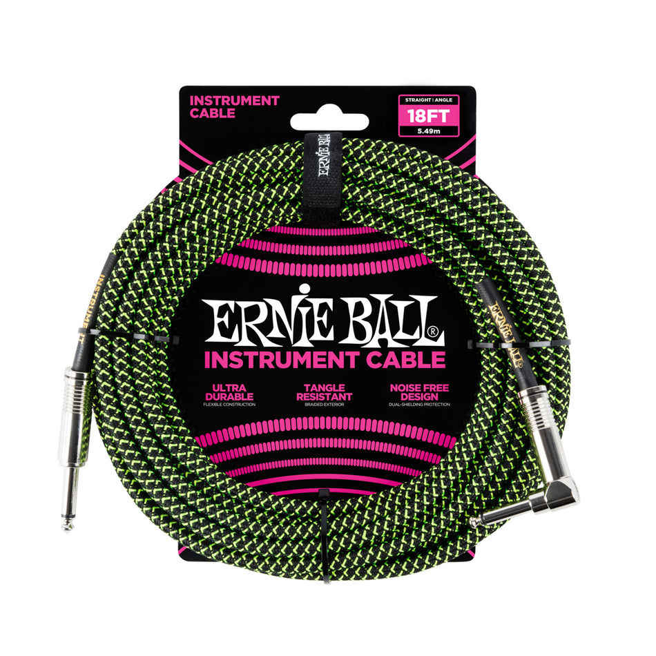 Ernie Ball P06082 Braided Instrument Cable Straight/Angle 18ft Black Green