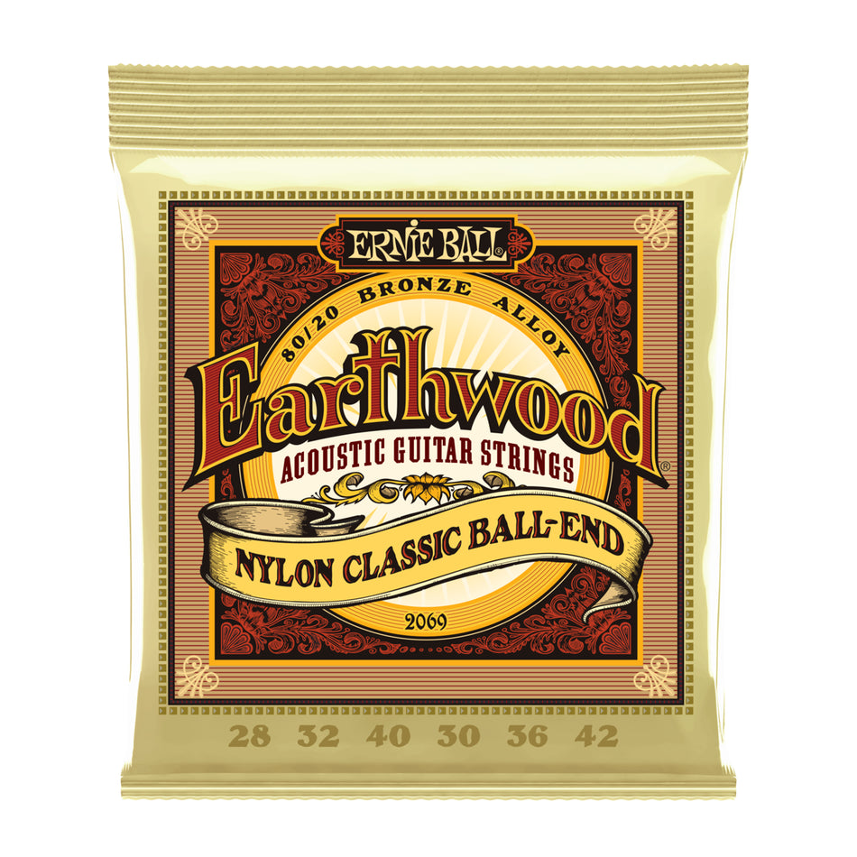 Ernie Ball P02069 EARTHWOOD FOLK NYLON, CLEAR & GOLD BALL END, 80/20 BRONZE ACOUSTIC GUITAR STRINGS - 28-42 GAUGE