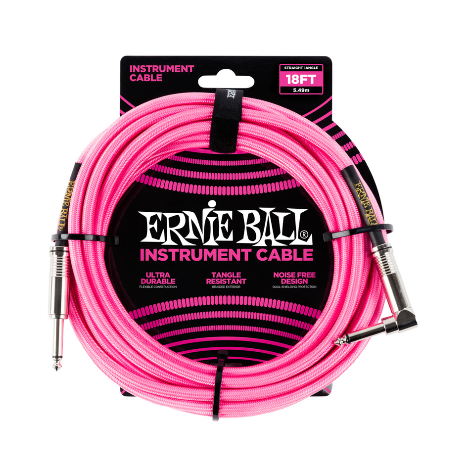Ernie Ball P06083 18' BRAIDED STRAIGHT / ANGLE INSTRUMENT CABLE - NEON PINK