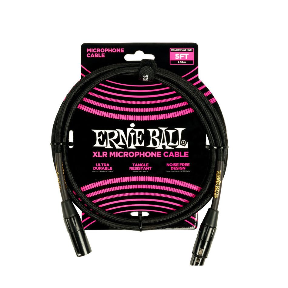 Ernie Ball P06390 5FT BRAIDED MALE FEMALE XLR MICROPHONE CABLE BLACK