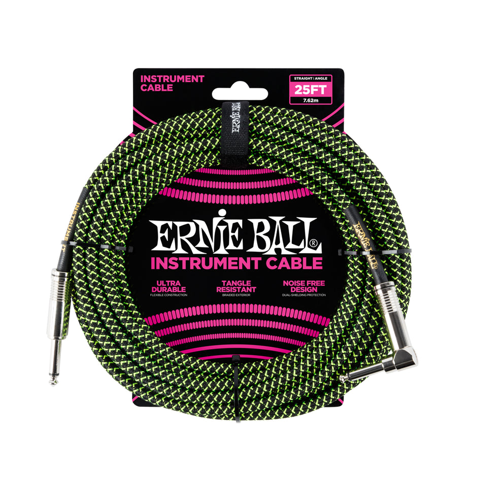 Ernie Ball P06066 25' BRAIDED STRAIGHT / ANGLE INSTRUMENT CABLE - BLACK / GREEN