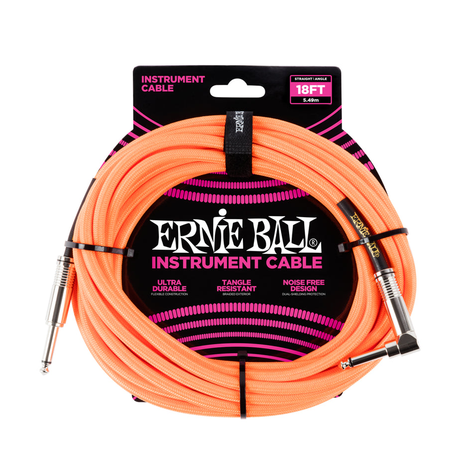 Ernie Ball P06084 18' BRAIDED STRAIGHT / ANGLE INSTRUMENT CABLE - NEON ORANGE