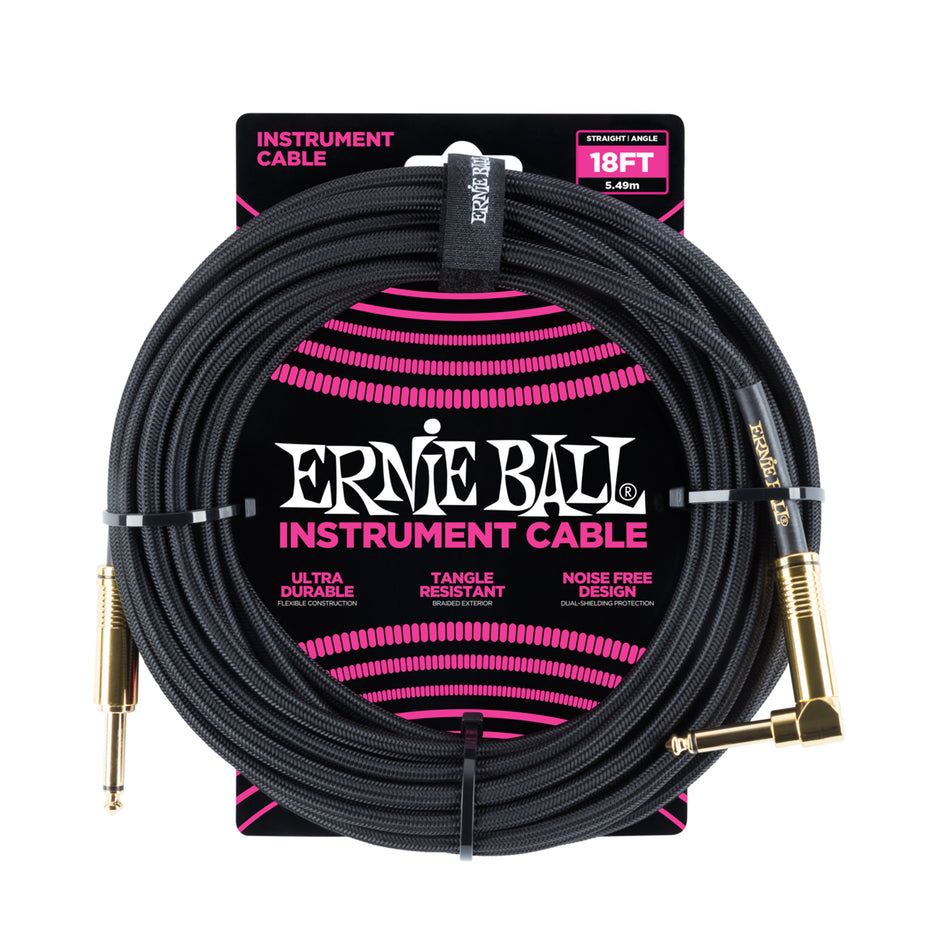 Ernie Ball P06086 18' BRAIDED STRAIGHT / ANGLE INSTRUMENT CABLE - BLACK