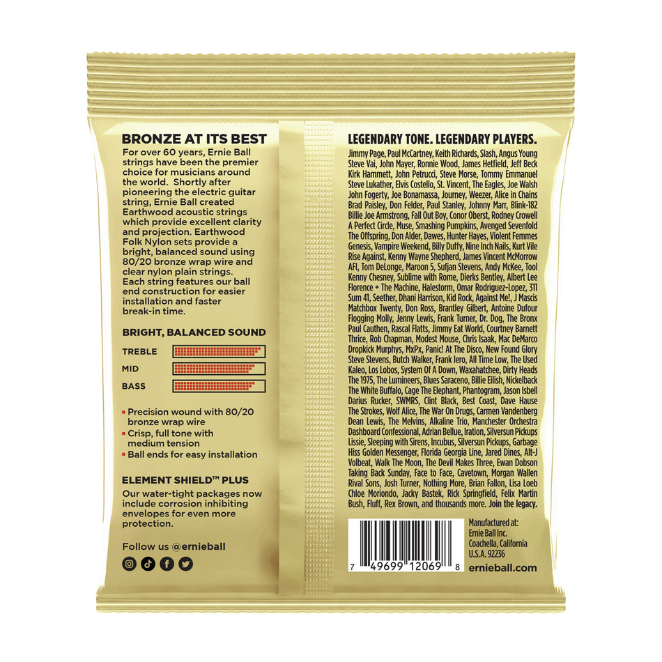 Ernie Ball P02069 EARTHWOOD FOLK NYLON, CLEAR & GOLD BALL END, 80/20 BRONZE ACOUSTIC GUITAR STRINGS - 28-42 GAUGE