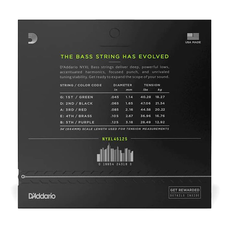 D'Addario NYXL45125 Nickel Wound Bass Strings 45–125 Long Scale (5-String)