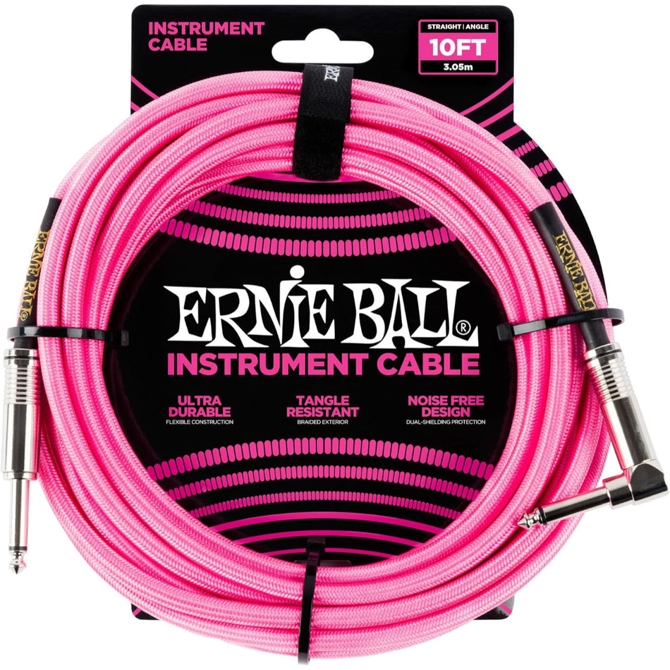 Ernie Ball P06078 10 ft  Braided Instrument Cable | Neon Pink