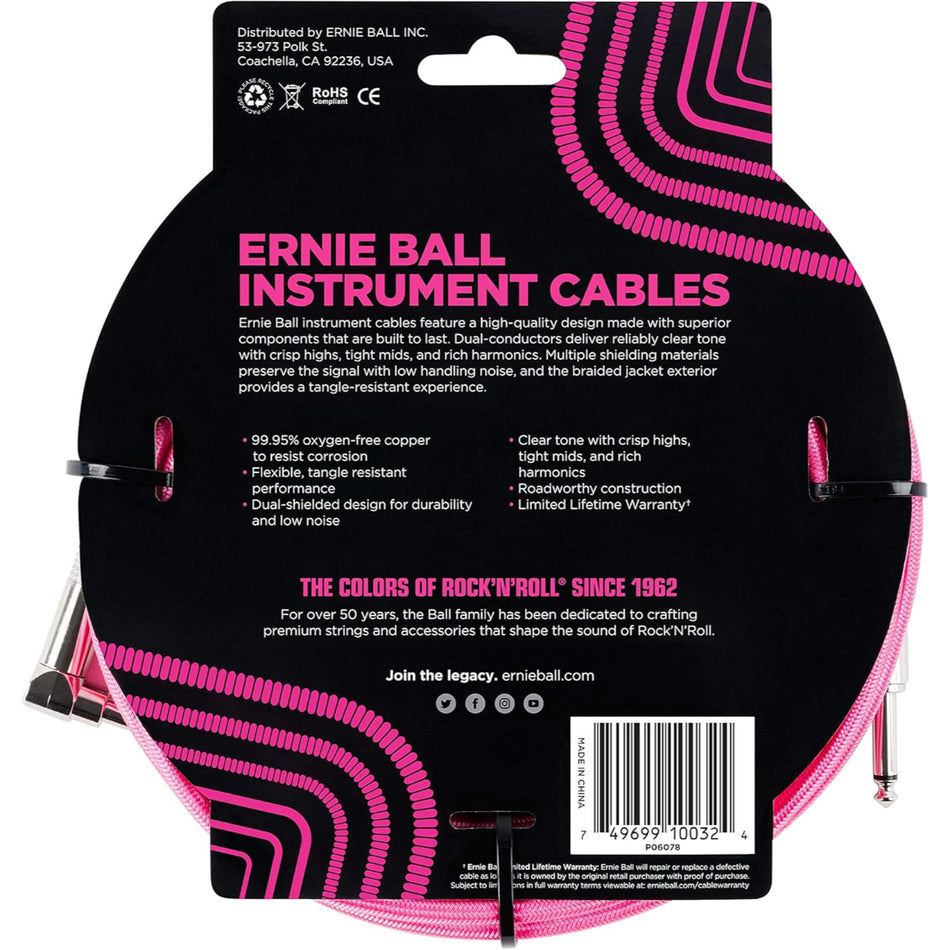 Ernie Ball P06078 10 ft  Braided Instrument Cable | Neon Pink