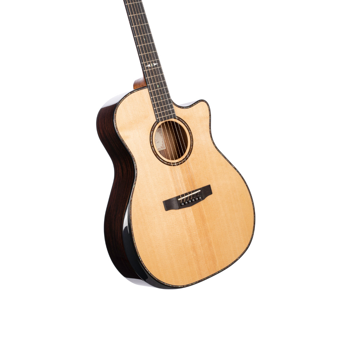 Cort GA-PF Bevel electric acoustic guitar body and soundhole detail, Natural Gloss finish