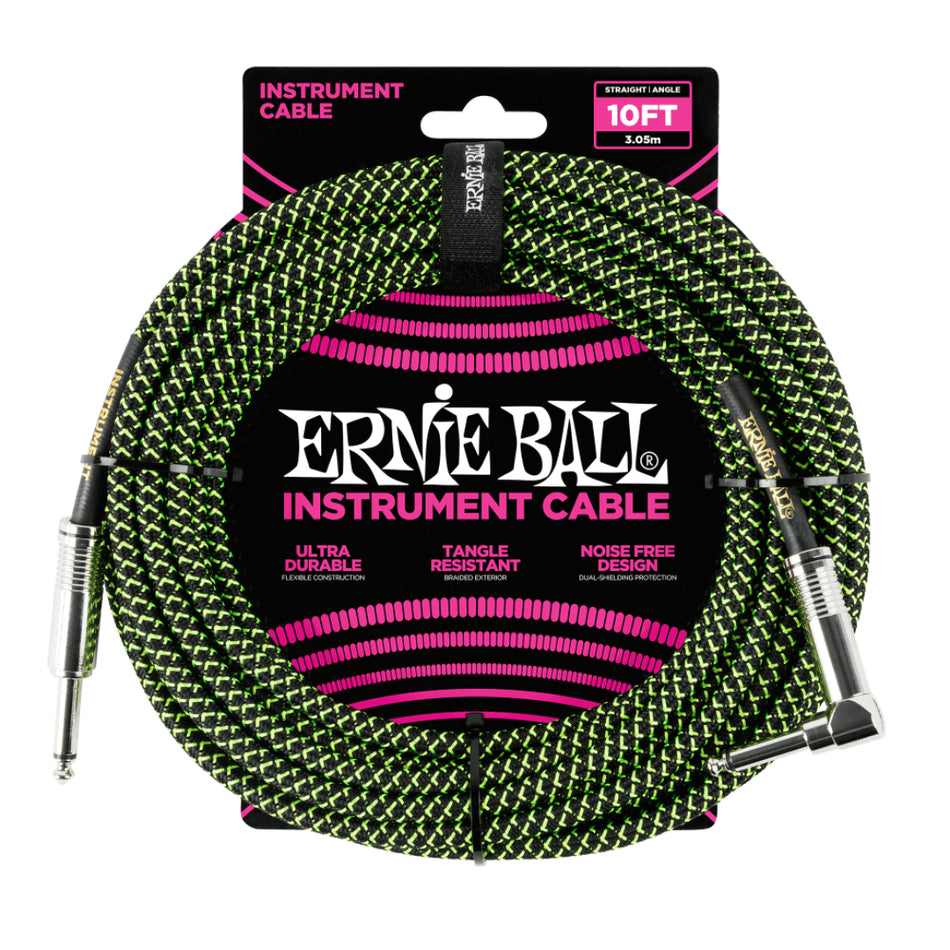 Ernie Ball P06077 – Braided Instrument Cable | 10ft | Black/Green