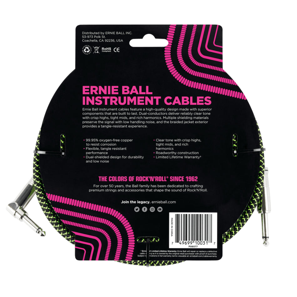 Ernie Ball P06077 – Braided Instrument Cable | 10ft | Black/Green