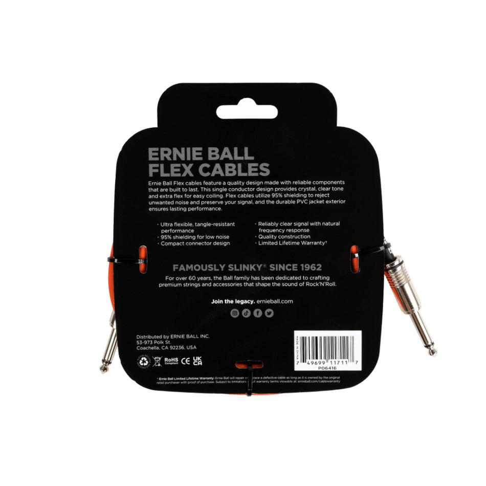 Ernie Ball P06416 10 ft Flex Instrument Cable Straight/Straight | Orange
